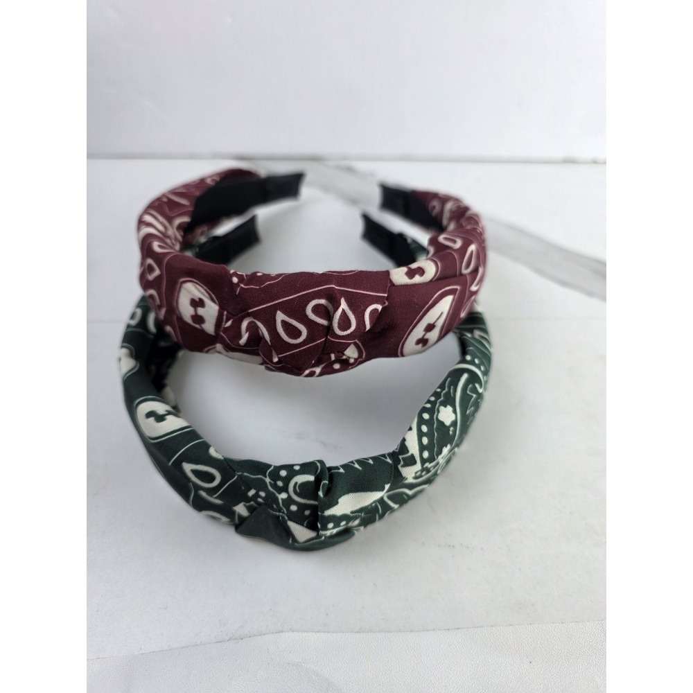 Set of 2 Bandana Print Top Knot Headbands Burgundy Green Paisley Accessories